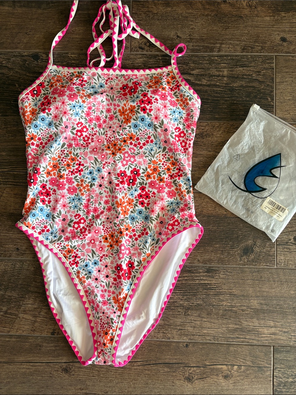 Floral One-Piece Swimsuit with Pink Trim-large